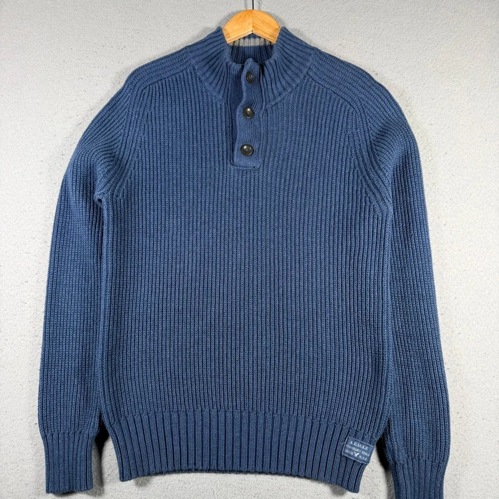 American Eagle Outfitters Men Blue Ribbed Mock‎ Neck Button Up Sweater Large